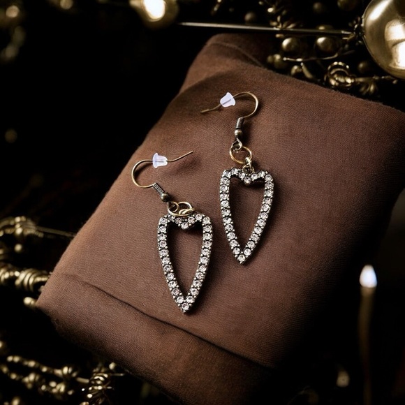 Bronze Heart-Shaped Rhinestone Earrings Boho - Picture 4 of 17